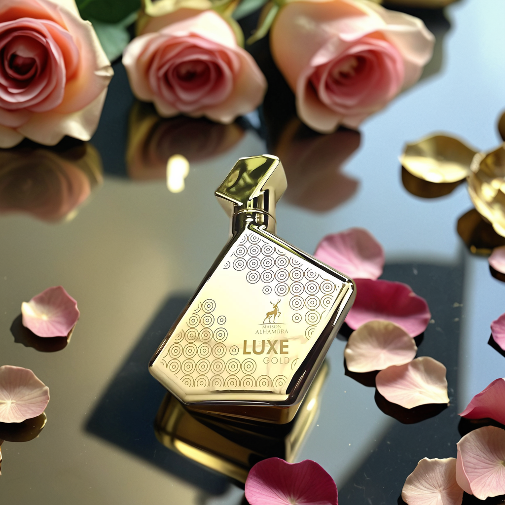 Gold perfume bottle with 'LUXE' branding on a reflective surface with pink roses and petals.