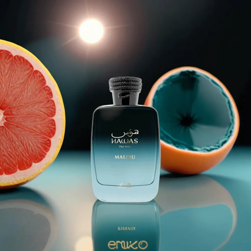 Hawas Malibu Rasasi Eau de Parfum Samples & Travel Size (3ml, 5ml, 10ml) - Bright Fruity Citrus Woody Aquatic Fragrance - Love That Scent
