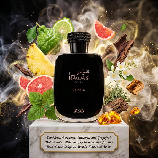 Hawas Black Rasasi Samples & Travel Size (3ml, 5ml, 10ml) | Fresh, Woody and Aromatic Fragrance 