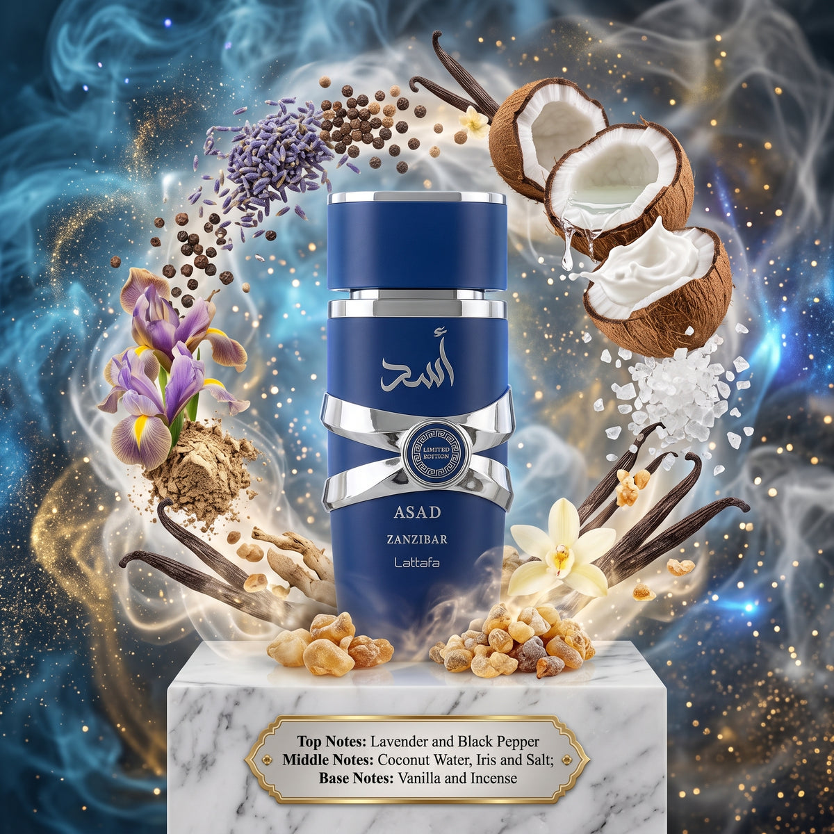 Asad Zanzibar 100ml EDP by Lattafa Perfumes Samples & Travel Size (3ml, 5ml) Aromatic Coconut Vanilla Fragrance 