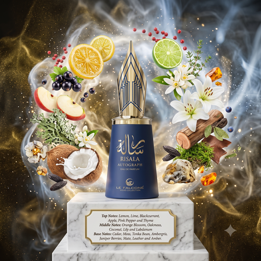Risala Autograph by LE FALCONE - 3ml, 5ml, 10ml Sample/Decant | Lemon, Apple, Leather & Ambergris 