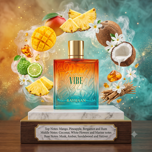 Tropical Vibe Rayhaan Eau de Parfum Samples & Travel Size (3ml, 5ml, 10ml) - Tropical Fruity Aquatic Woody Fragrance 