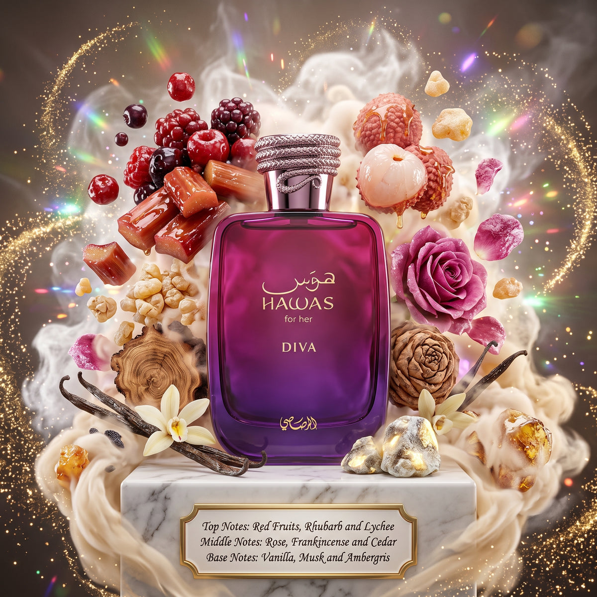 Hawas Diva Rasasi Eau de Parfum Samples & Travel Size (3ml, 5ml, 10ml) - Fruity Floral Resinous Oriental Fragrance 