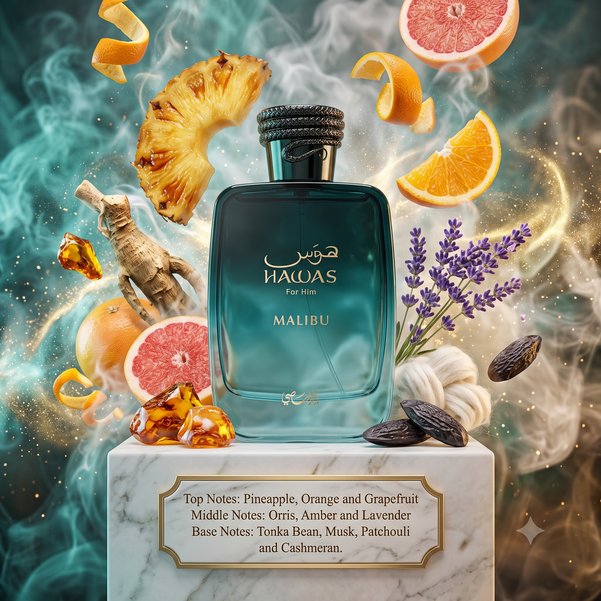 Hawas Malibu Rasasi Eau de Parfum Samples & Travel Size (3ml, 5ml, 10ml) - Bright Fruity Citrus Woody Aquatic Fragrance 