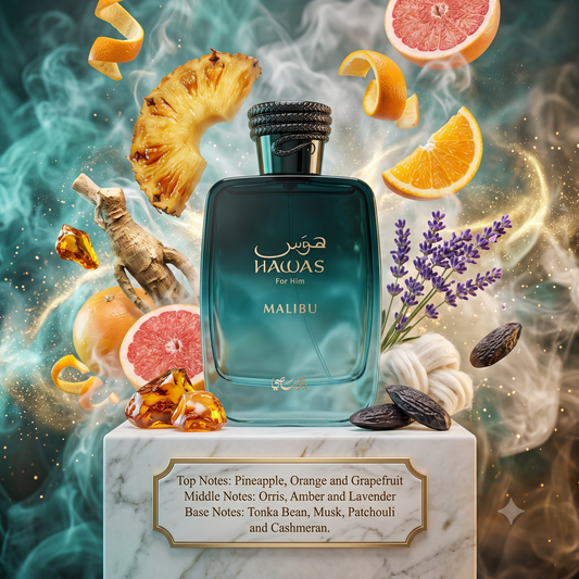 Hawas Malibu Rasasi Eau de Parfum Samples & Travel Size (3ml, 5ml, 10ml) - Bright Fruity Citrus Woody Aquatic Fragrance 