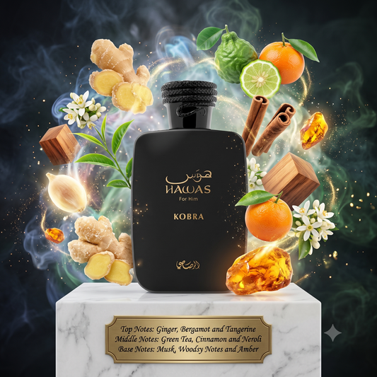 Hawas Kobra Rasasi Eau de Parfum Samples & Travel Size (3ml, 5ml, 10ml) - Fresh Spicy Woody Aromatic Fragrance 