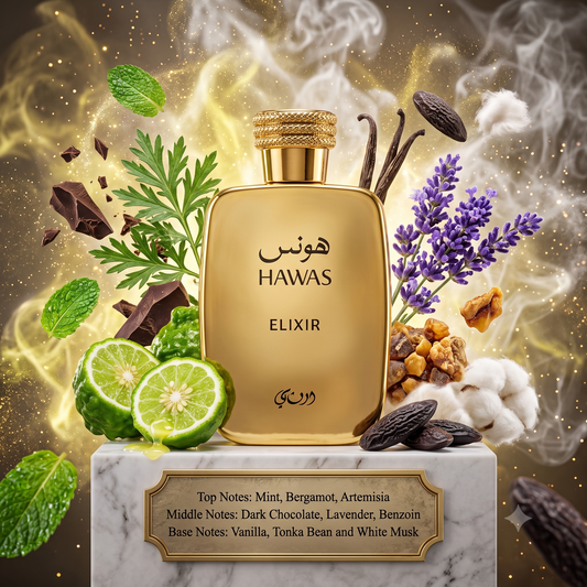 Hawas Elixir Rasasi Samples & Travel Size (3ml, 5ml, 10ml) | Sweet, Fresh and Aromatic Fragrance 
