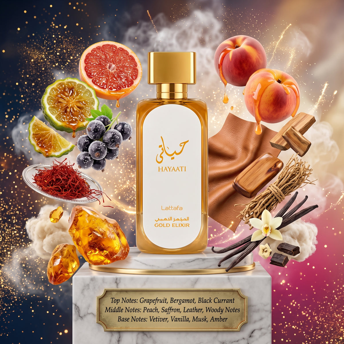 Hayati Gold Elixir by LATTAFA - 5ml Sample/Decant | Grapefruit, Leather, Saffron & Vanilla 