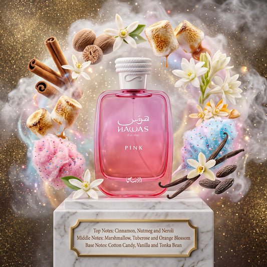 Hawas Pink Rasasi Eau de Parfum Samples & Travel Size (3ml, 5ml, 10ml) - Sweet Floral Gourmand Cotton Candy Fragrance 