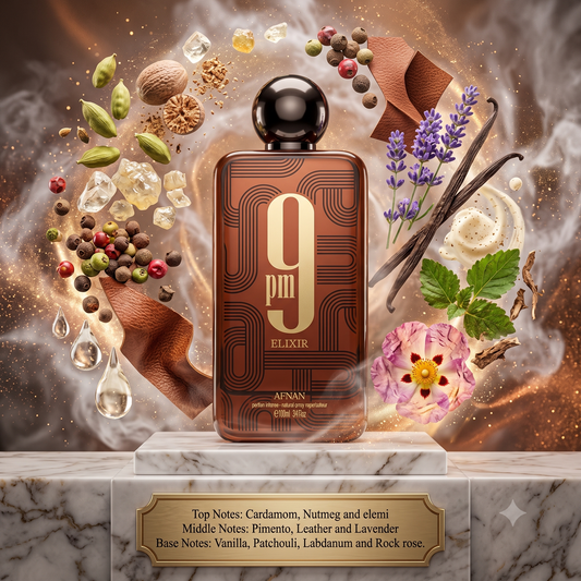 Afnan 9PM Elixir Eau de Parfum Samples & Travel Size (3ml, 5ml, 10ml) - Warm Spicy Leather Aromatic Fragrance 