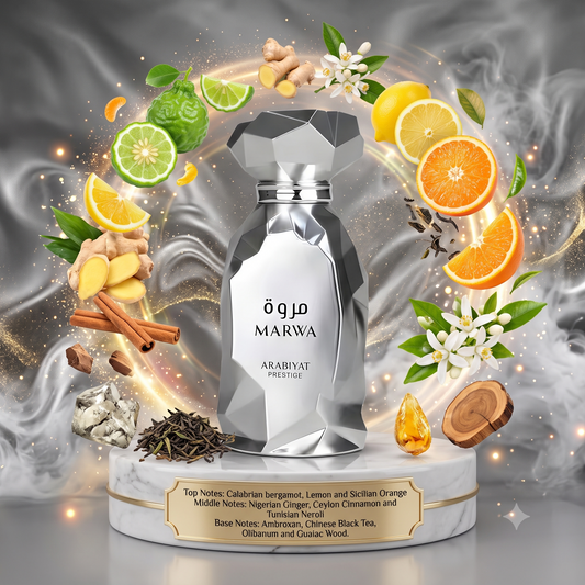 Marwa by ARABIYAT PRESTIGE - 3ml, 5ml, 10ml Sample/Decant | Bergamot, Neroli, Ginger & Black Tea 