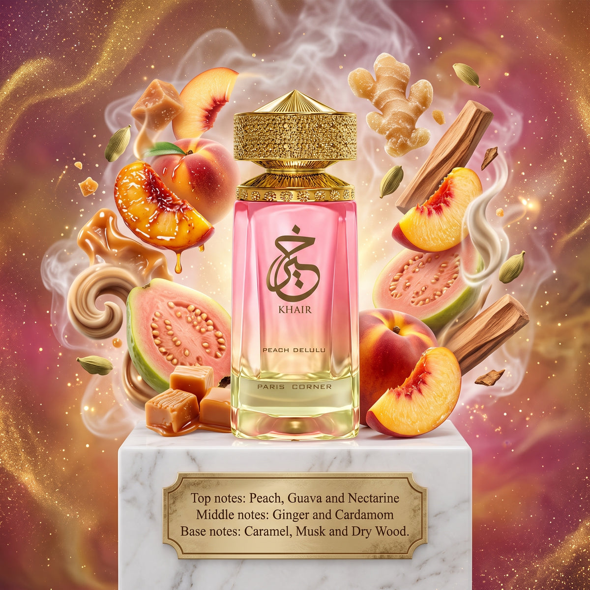 Khair Peach Delulu Paris Corner Samples & Travel Size (3ml,5ml) | Fruity, Spicy and Woody Fragrance 