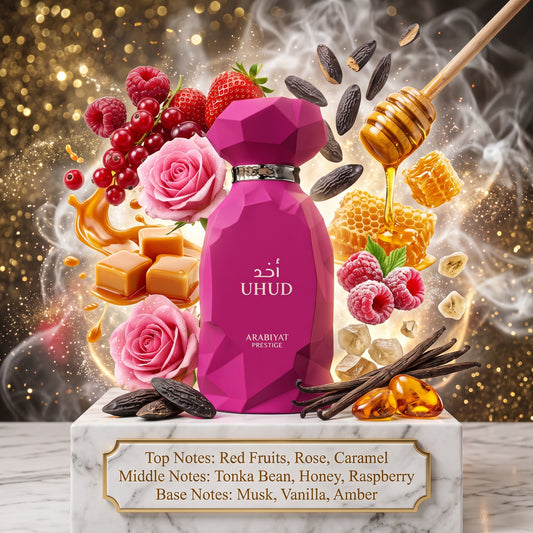 Arabiyat Prestige Uhud - Samples & Travel Size (3ml, 5ml, 10ml) - Rich Gourmand Fruity Rose Honey Vanilla Fragrance 