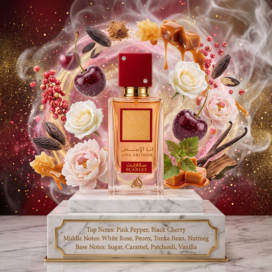 Ana Abiyedh Scarlet by LATTAFA - 3ml, 5ml, 10ml Sample/Decant | Black Cherry, Rose & Caramel 